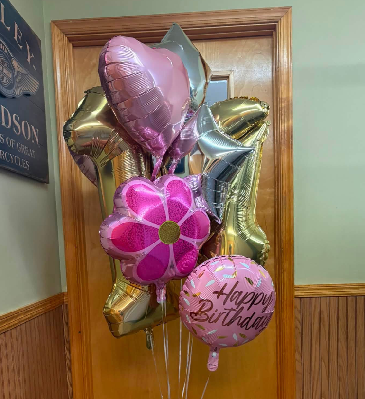 Happy Birthday balloon arrangement with metallic number balloons